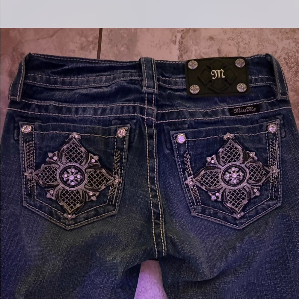 Miss Me Blue Boot Cut Jeans with Ornate Embroidery
